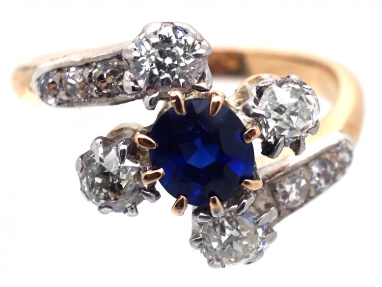 Edwardian 18ct Gold, Diamond & Sapphire Crossover Ring