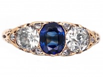 Victorian 18ct Gold Sapphire & Diamond Carved Half Hoop Ring