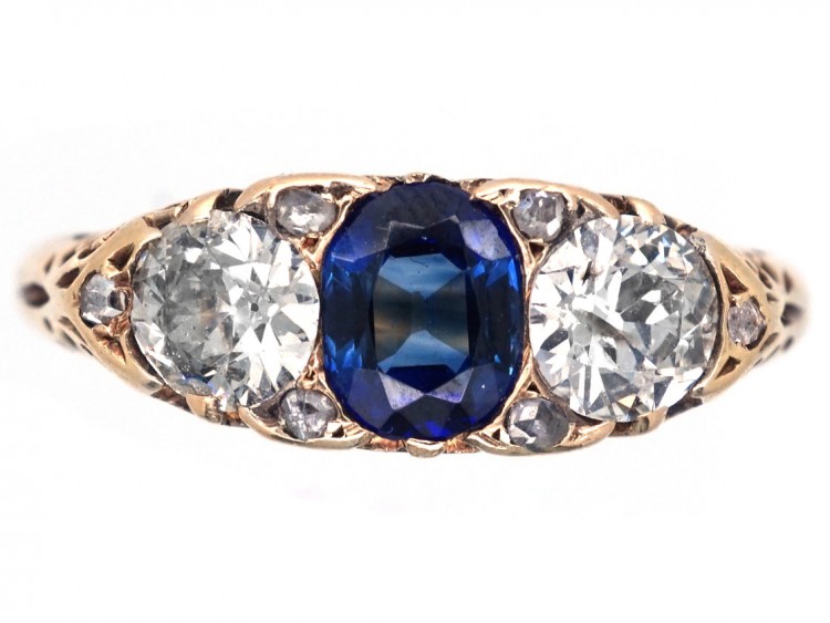 Victorian 18ct Gold Sapphire & Diamond Carved Half Hoop Ring