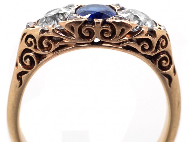 Victorian 18ct Gold Sapphire & Diamond Carved Half Hoop Ring