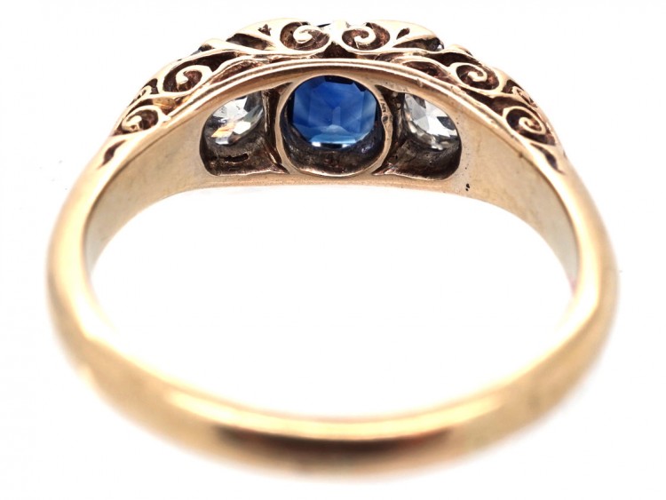 Victorian 18ct Gold Sapphire & Diamond Carved Half Hoop Ring