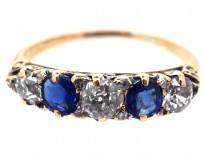 Victorian 18ct Gold, Sapphire & Diamond Five Stone Carved Half Hoop Ring
