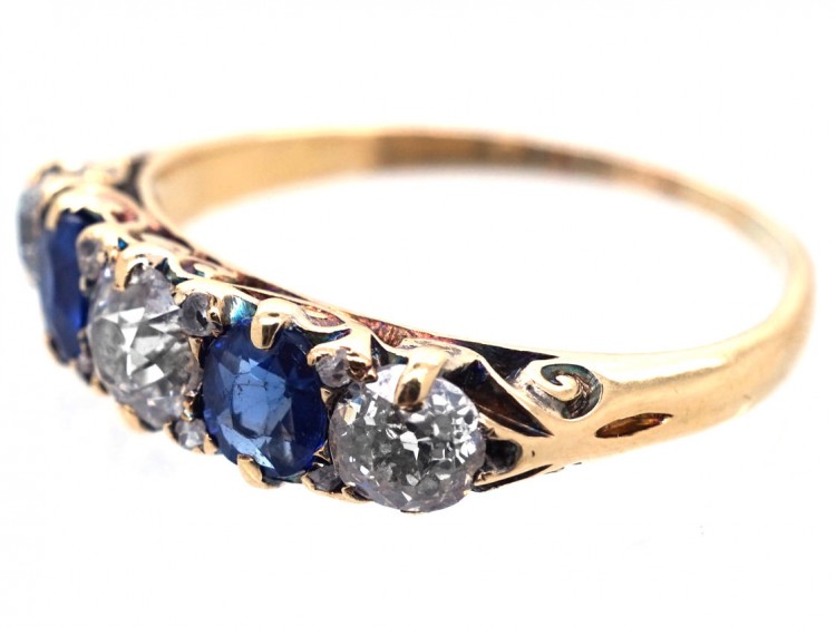 Victorian 18ct Gold, Sapphire & Diamond Five Stone Carved Half Hoop Ring