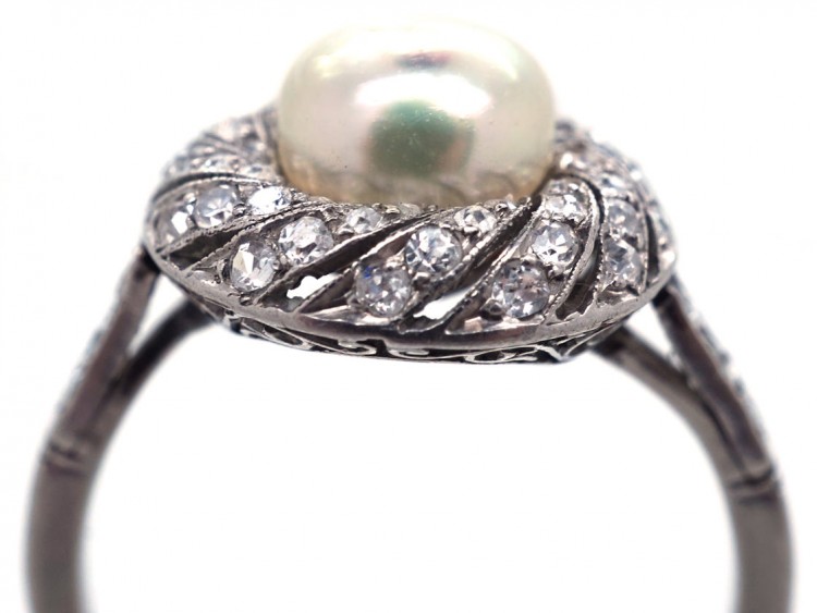 1920s Platinum, Natural Saltwater Pearl & Diamond Ring