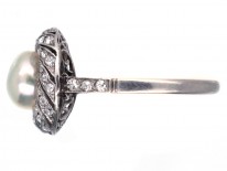 1920s Platinum, Natural Saltwater Pearl & Diamond Ring