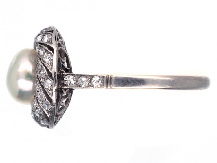 1920s Platinum, Natural Saltwater Pearl & Diamond Ring