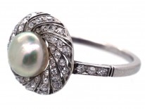 1920s Platinum, Natural Saltwater Pearl & Diamond Ring