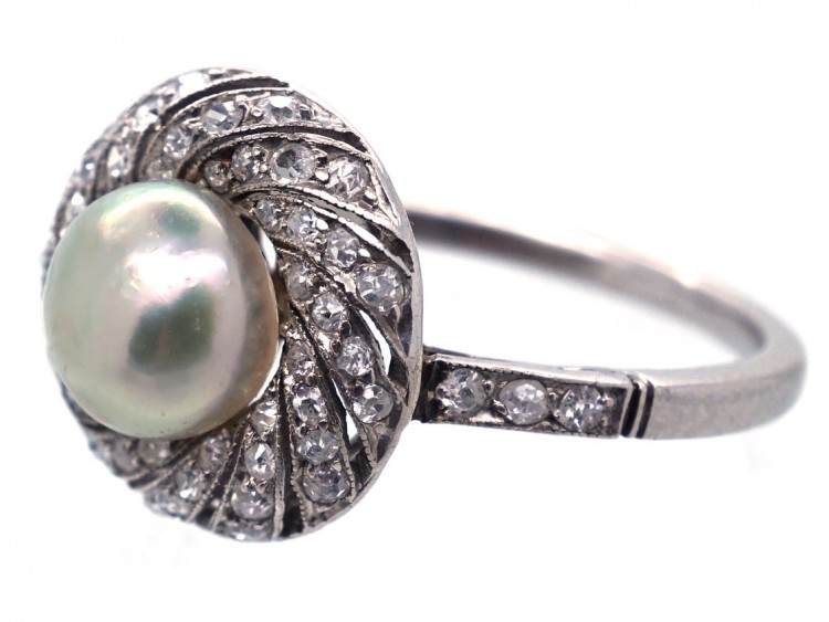 1920s Platinum, Natural Saltwater Pearl & Diamond Ring