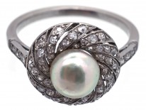 1920s Platinum, Natural Saltwater Pearl & Diamond Ring