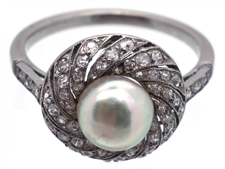 1920s Platinum, Natural Saltwater Pearl & Diamond Ring