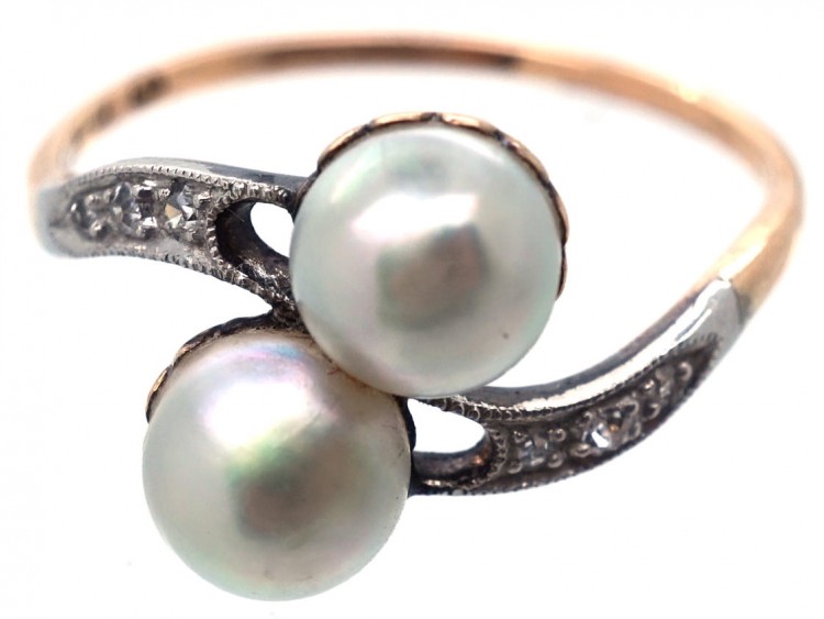 Art Nouveau Platinum & 18ct Gold, Natural Split Pearls & Diamond Ring