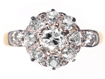 Victorian 18ct Gold & Diamond Cluster Ring with Diamond Shoulders