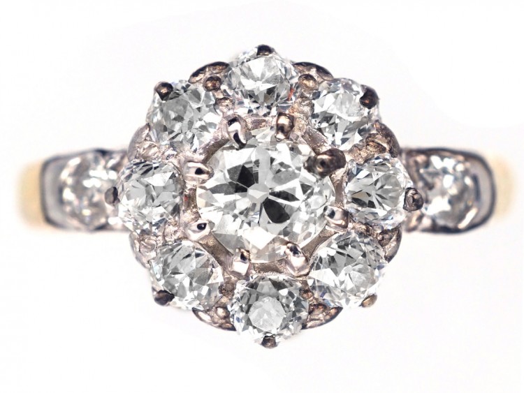 Victorian 18ct Gold & Diamond Cluster Ring with Diamond Shoulders
