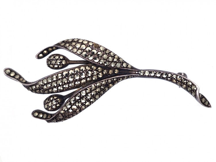 Art Deco Silver & Marcasite Leaf & Bud Brooch