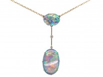 Art Deco Two Stone Black Opal & Opal Pendant on Chain