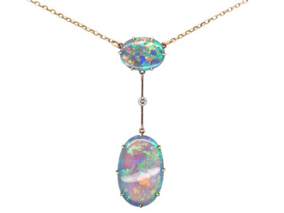 Art Deco Two Stone Black Opal & Opal Pendant on Chain