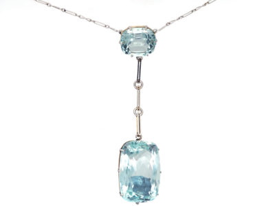 Art Deco Two Stone Aquamarine Drop Pendant on Chain