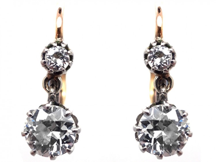 Edwardian Two Stone Diamond Drop Earrings in Original Case