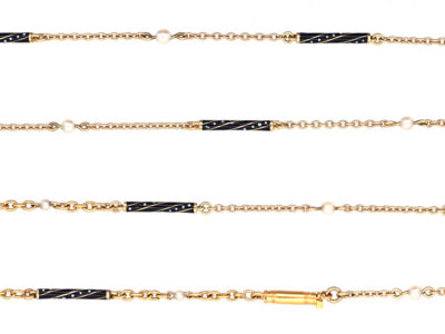 Austrian 14ct Gold, Enamel & Natural Pearl Long Guard Chain