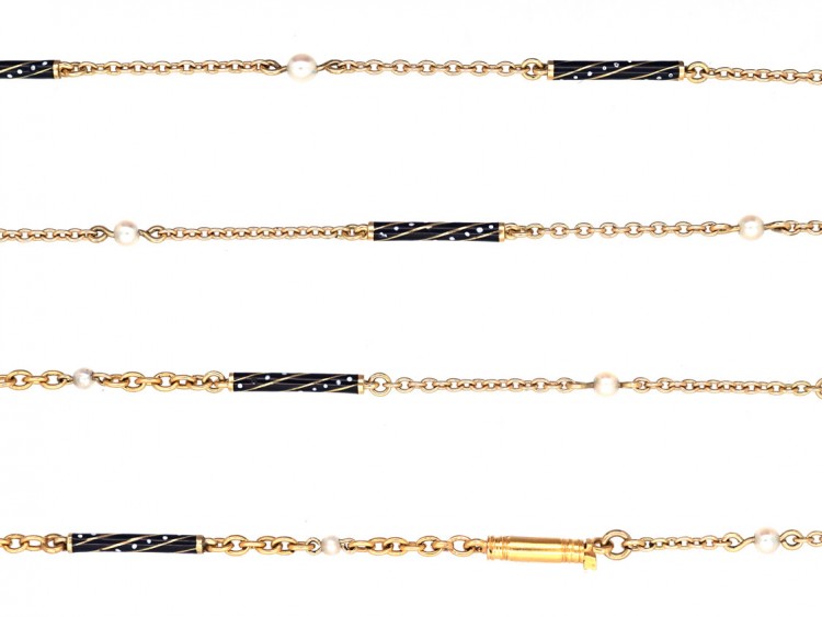 Austrian 14ct Gold, Enamel & Natural Pearl Long Guard Chain