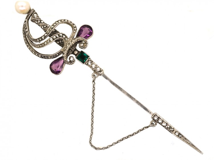 Silver, Marcasite & Paste Dagger Brooch