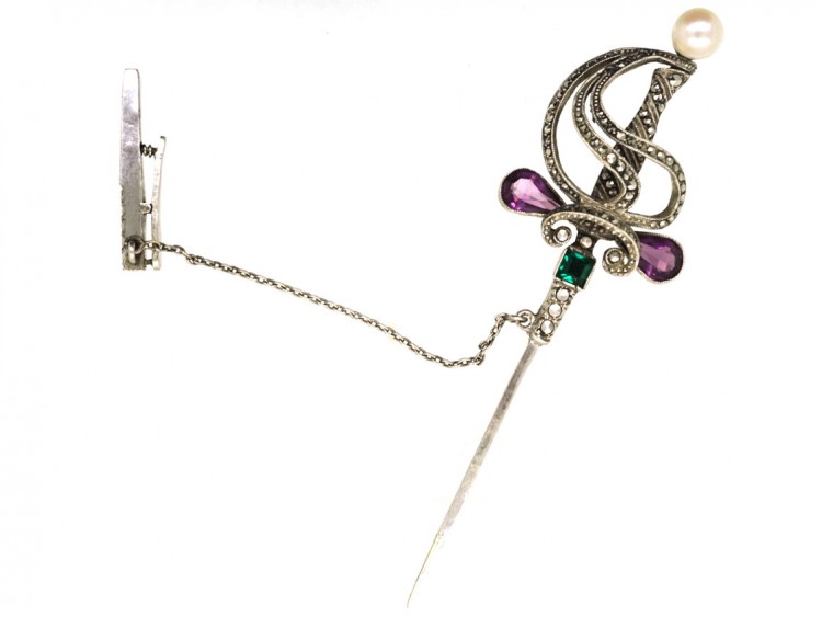 Silver, Marcasite & Paste Dagger Brooch