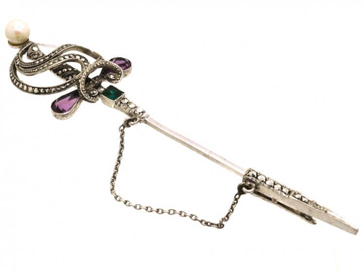 Silver, Marcasite & Paste Dagger Brooch