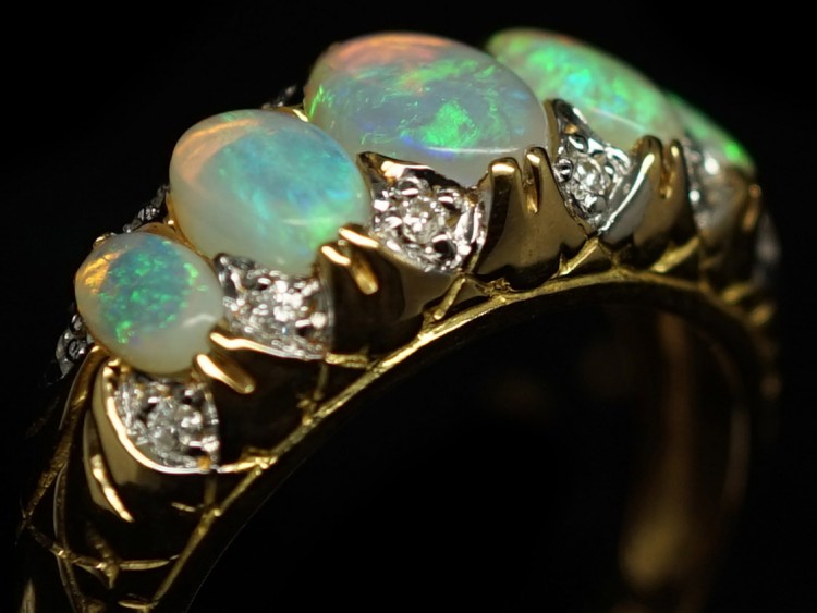 Victorian 18ct Gold, Five Stone Opal & Diamond Ring