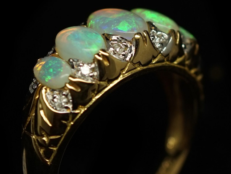 Victorian 18ct Gold, Five Stone Opal & Diamond Ring