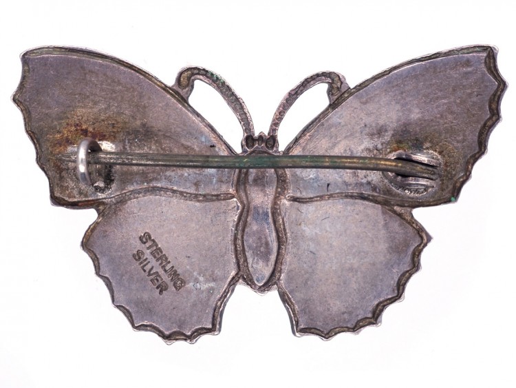 Silver, Dark Blue, Brown & Green Enamel Butterfly Brooch