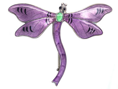 Art Nouveau Silver, Mauve, Green & Black Enamel Dragonfly Brooch