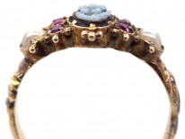 15ct Gold Forget Me Not Ruby, Sardonyx & Natural Split Pearl Ring