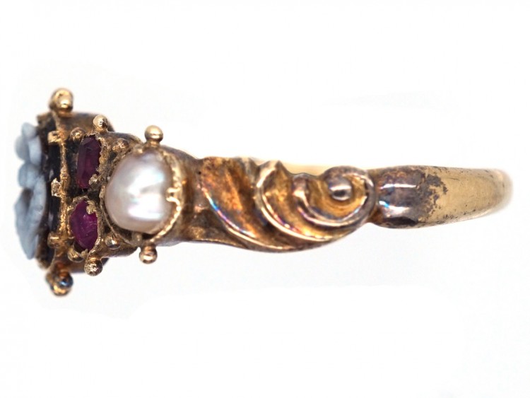 15ct Gold Forget Me Not Ruby, Sardonyx & Natural Split Pearl Ring