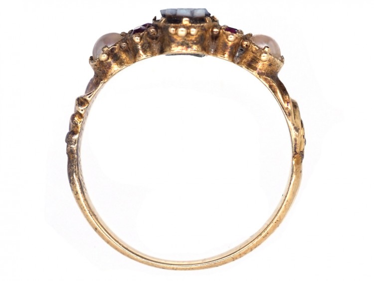 15ct Gold Forget Me Not Ruby, Sardonyx & Natural Split Pearl Ring