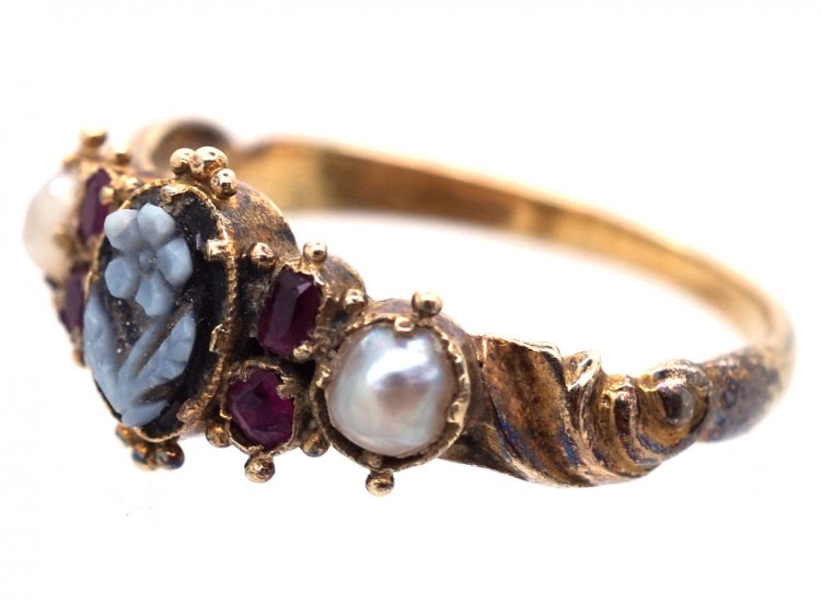15ct Gold Forget Me Not Ruby, Sardonyx & Natural Split Pearl Ring