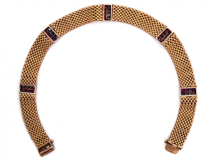Edwardian Ruby & Diamond 18ct Gold Woven Bracelet