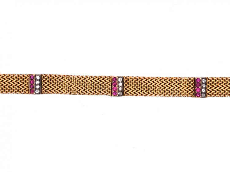 Edwardian Ruby & Diamond 18ct Gold Woven Bracelet