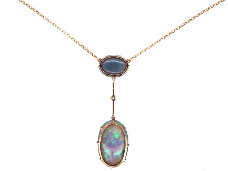 Art Deco Two Stone Black Opal & Opal Pendant on Chain