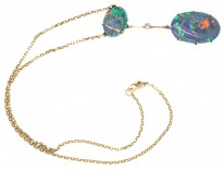 Art Deco Two Stone Black Opal & Opal Pendant on Chain