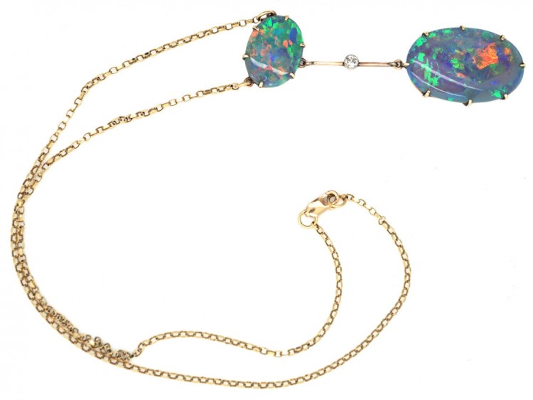 Art Deco Two Stone Black Opal & Opal Pendant on Chain