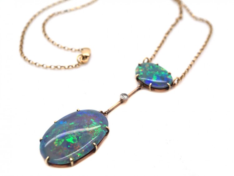 Art Deco Two Stone Black Opal & Opal Pendant on Chain
