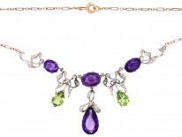 15ct Gold & Platinum Diamond, Amethyst & Peridot Suffragette Necklace
