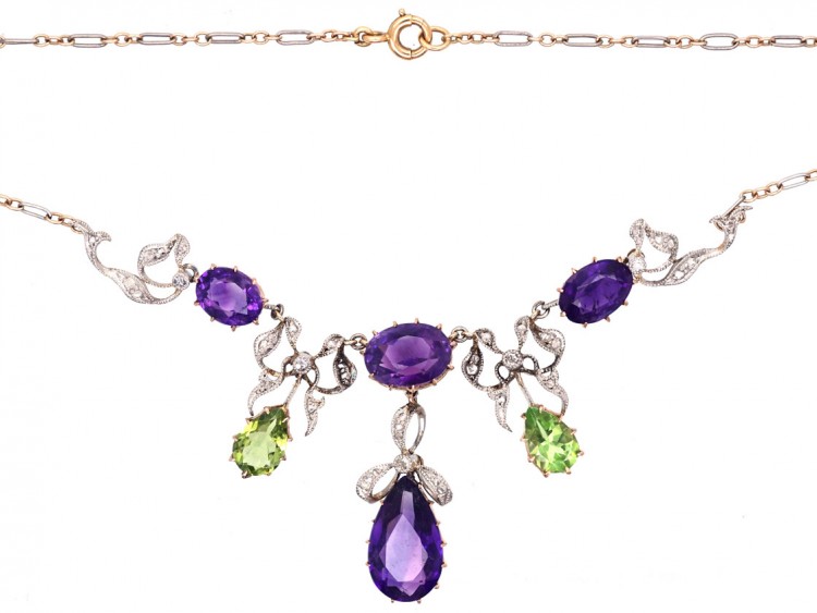 15ct Gold & Platinum Diamond, Amethyst & Peridot Suffragette Necklace
