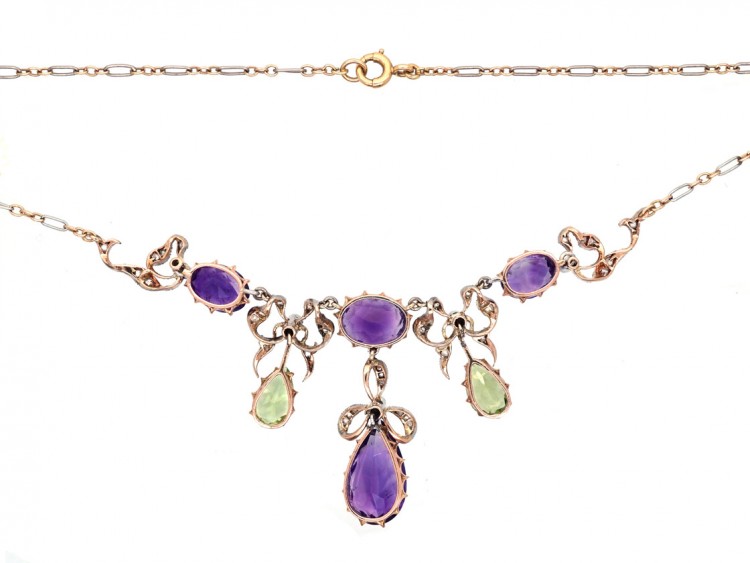 15ct Gold & Platinum Diamond, Amethyst & Peridot Suffragette Necklace