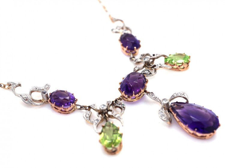 15ct Gold & Platinum Diamond, Amethyst & Peridot Suffragette Necklace