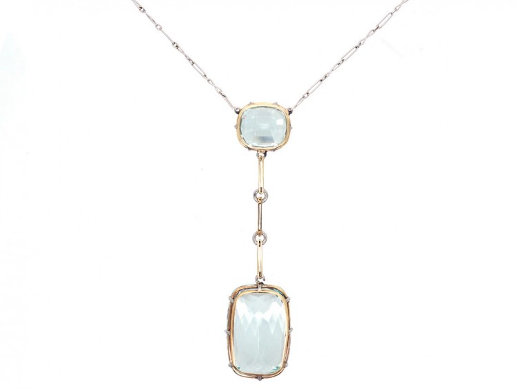 Art Deco Two Stone Aquamarine Drop Pendant on Chain