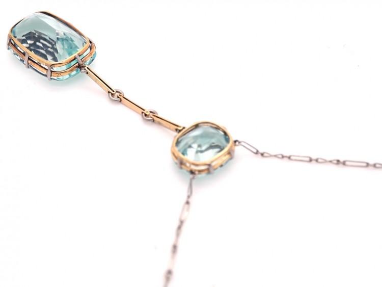 Art Deco Two Stone Aquamarine Drop Pendant on Chain