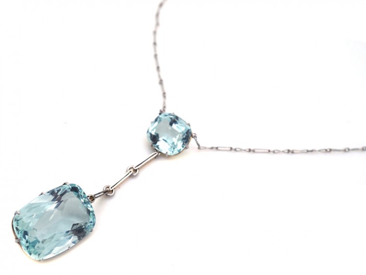 Art Deco Two Stone Aquamarine Drop Pendant on Chain