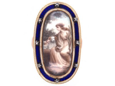Georgian Gold & Enamel Miniature Ring of a Lady & Her Dog