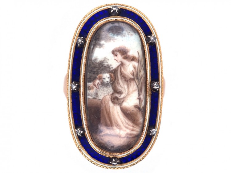 Georgian Gold & Enamel Miniature Ring of a Lady & Her Dog